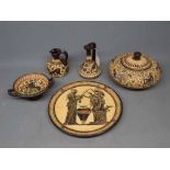 Five pieces of Athena pottery to include a two-handled tazza with"copy of Corinthian period" printed