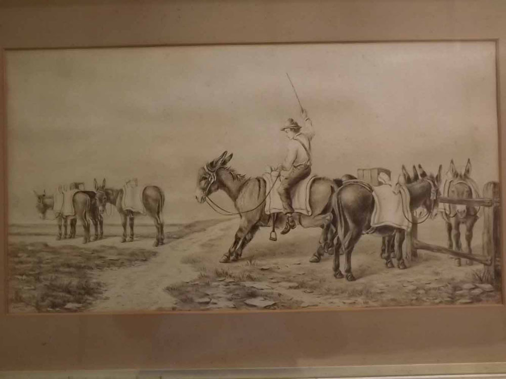 E Garraway, signed and dated 1878, monotone watercolour, Figure with donkeys, 13 x 24ins
