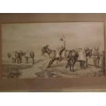 E Garraway, signed and dated 1878, monotone watercolour, Figure with donkeys, 13 x 24ins