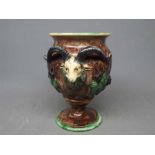 19th century Majolica vase with a raised ivy leaf design and shaped rams head finials (no mark to