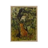 Doreen Idle, signed oil on board, Cats in a hedgerow, 23 1/2 x 17 1/2 ins