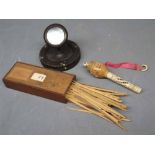 Mixed Lot pierced ivory ribbon tape measure, together with a further mahogany box containing mixed