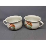 Pair of Victorian printed chamber pots with panels of a seascape among autumn trees (2)