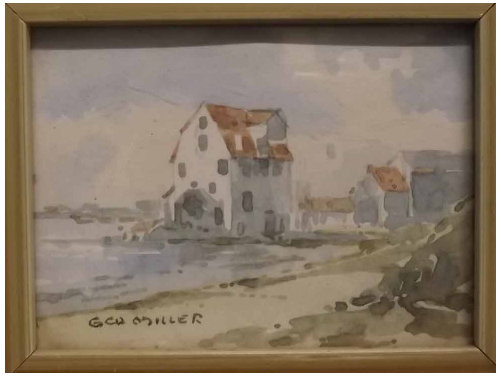 George W Miller, signed watercolour, "Tide Mill, Woodbridge", 2 x 3ins