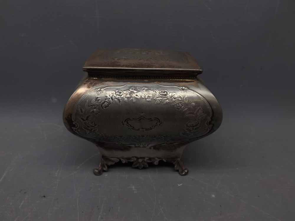 Victorian silver plated bombe style lidded tea caddy with impressed floral and engine turned detail,