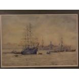 J H Jerram, signed watercolour, Shipping scene, 12 1/2 x 19ins