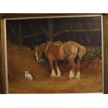 W E Calde, signed modern oil on panel, Horse and dog in a stable, 15 x 19ins