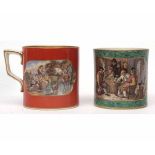 Two 19th century Pratt ware printed tankards, one with a green ground, the other with a rust