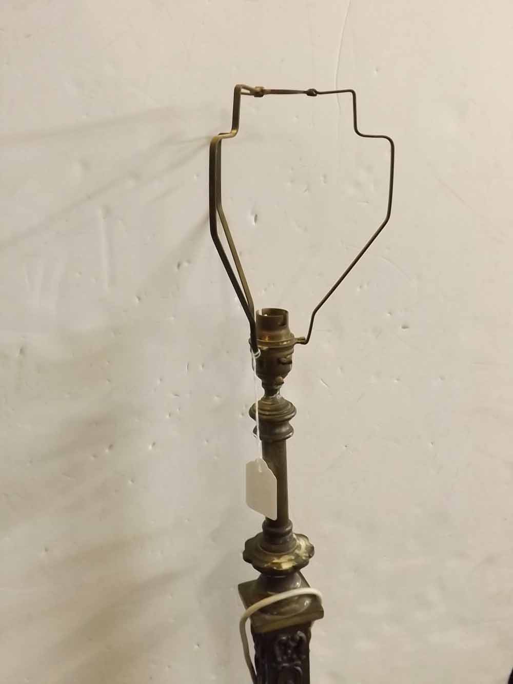 20th century brass square columned adjustable standard lamp with a square base on paw casters, - Image 2 of 3