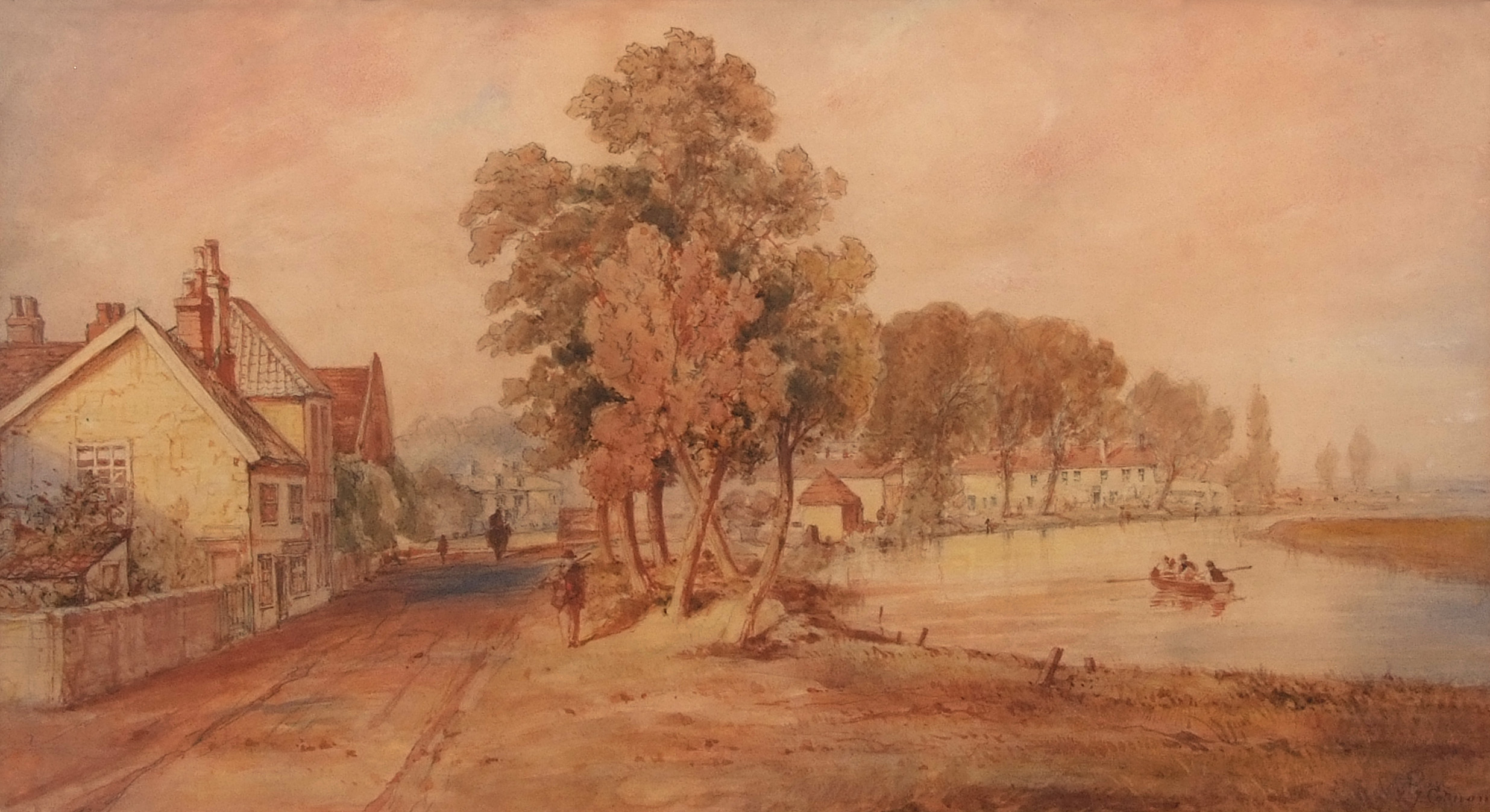 JOHN JOSEPH COTMAN (1814-1878) Figures in a village street by a riverside watercolour, signed