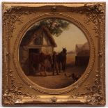 THOMAS SMYTHE (1825-1907) Figure with horses before a stable oil on board, signed lower left 14ins