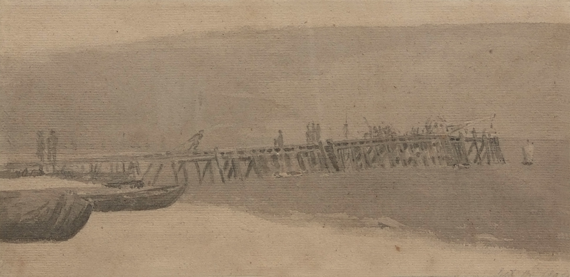 ATTRIBUTED TO JOHN CROME (1768-1821) Building the jetty, Great Yarmouth wash drawing, indistinctly