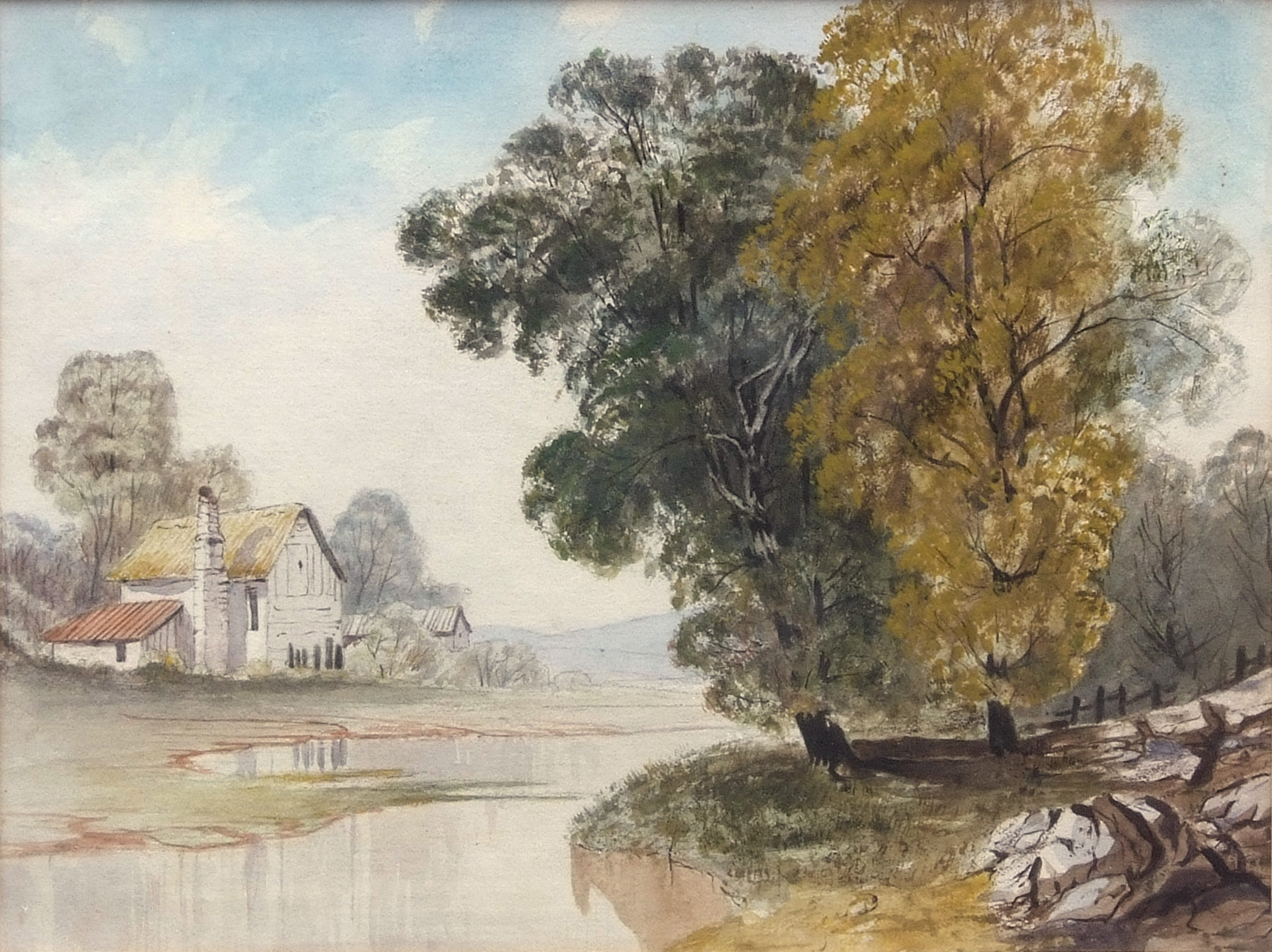 ATTRIBUTED TO JAMES STARK (1794-1859) River cottage circa 1835 watercolour 9 x 12ins