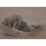 HENRY BRIGHT (1810-1873) Trees in dell with church pastel 9 1/2 x 13ins