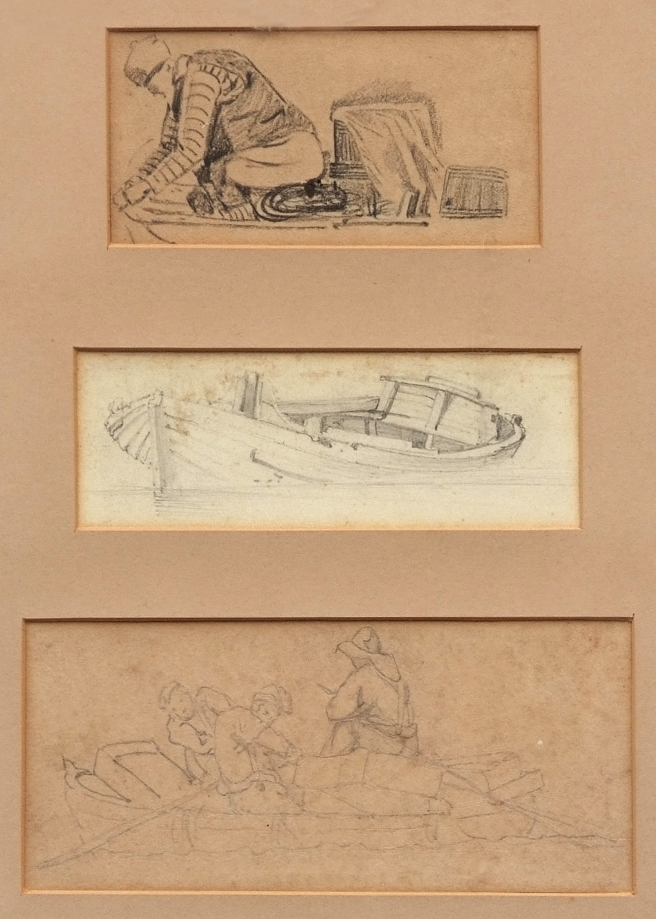 JOSEPH STANNARD (1797-1830) Boat and Figure studies group of three pencil drawings in one frame