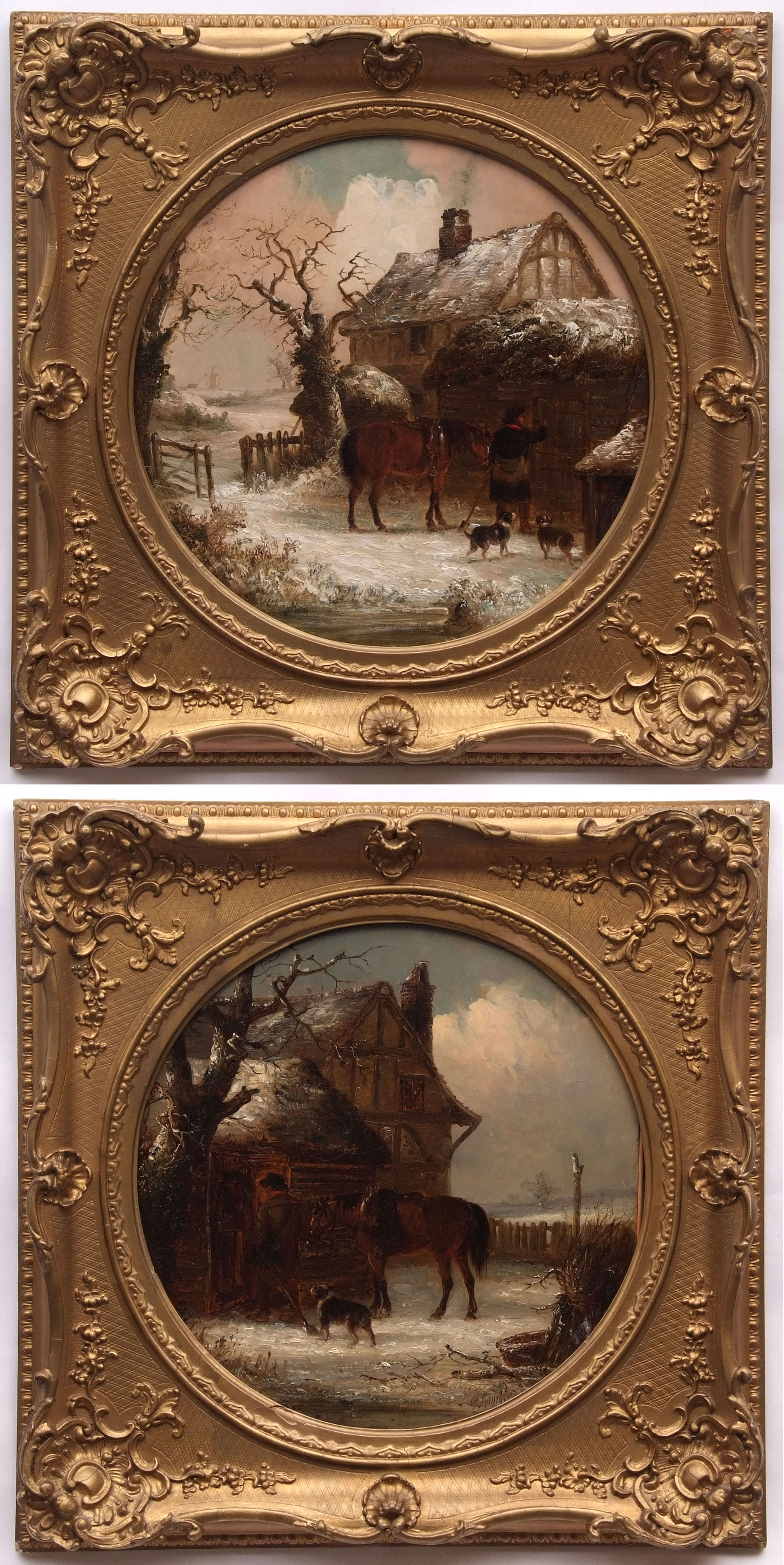 THOMAS SMYTHE (1825-1907) Winter landscapes with figures, horse and dogs by a stable pair of oils on