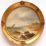 JOHN MOORE OF IPSWICH (1820-1902) Shipping off a coast with distant castle oil on board, signed