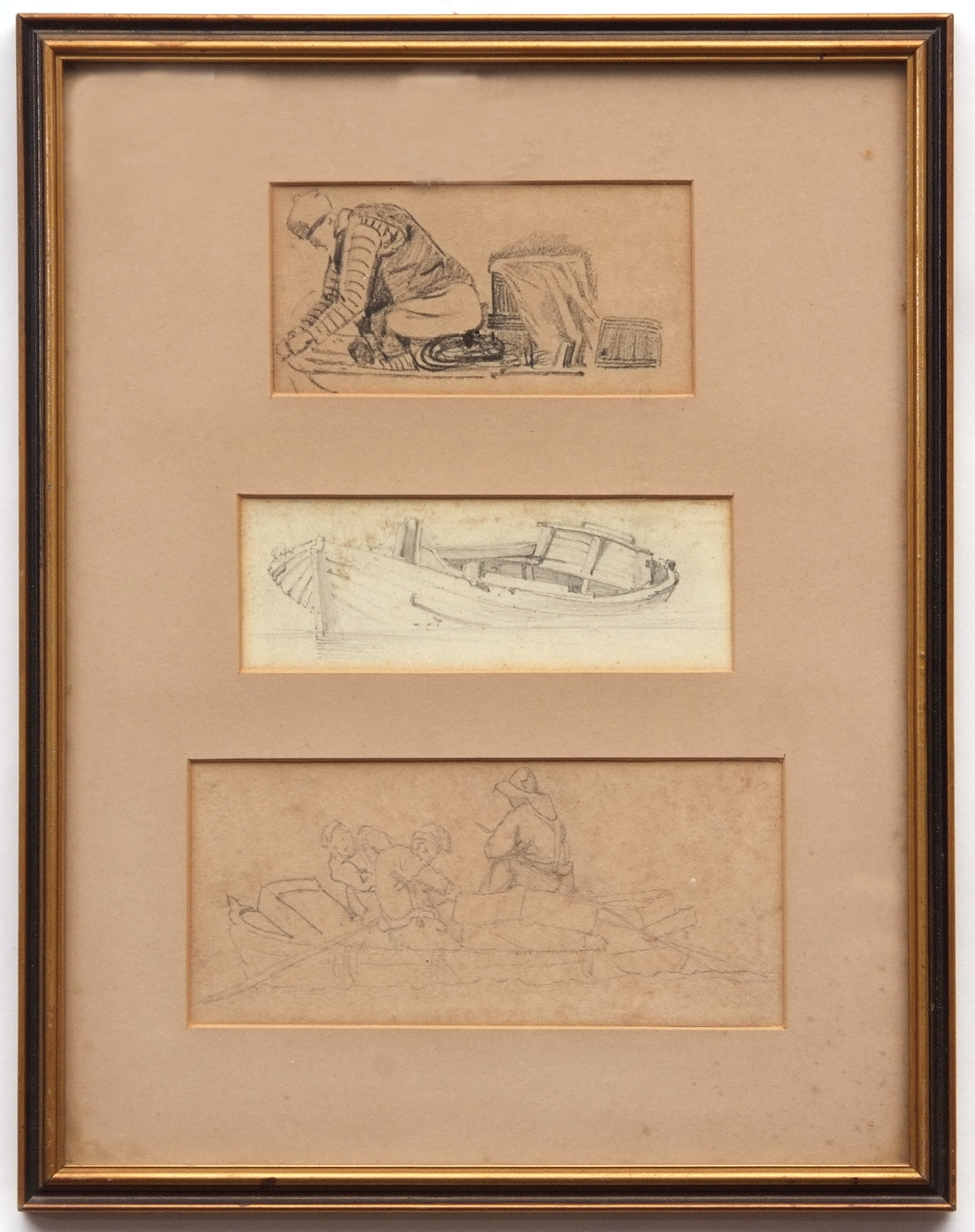 JOSEPH STANNARD (1797-1830) Boat and Figure studies group of three pencil drawings in one frame - Image 2 of 2