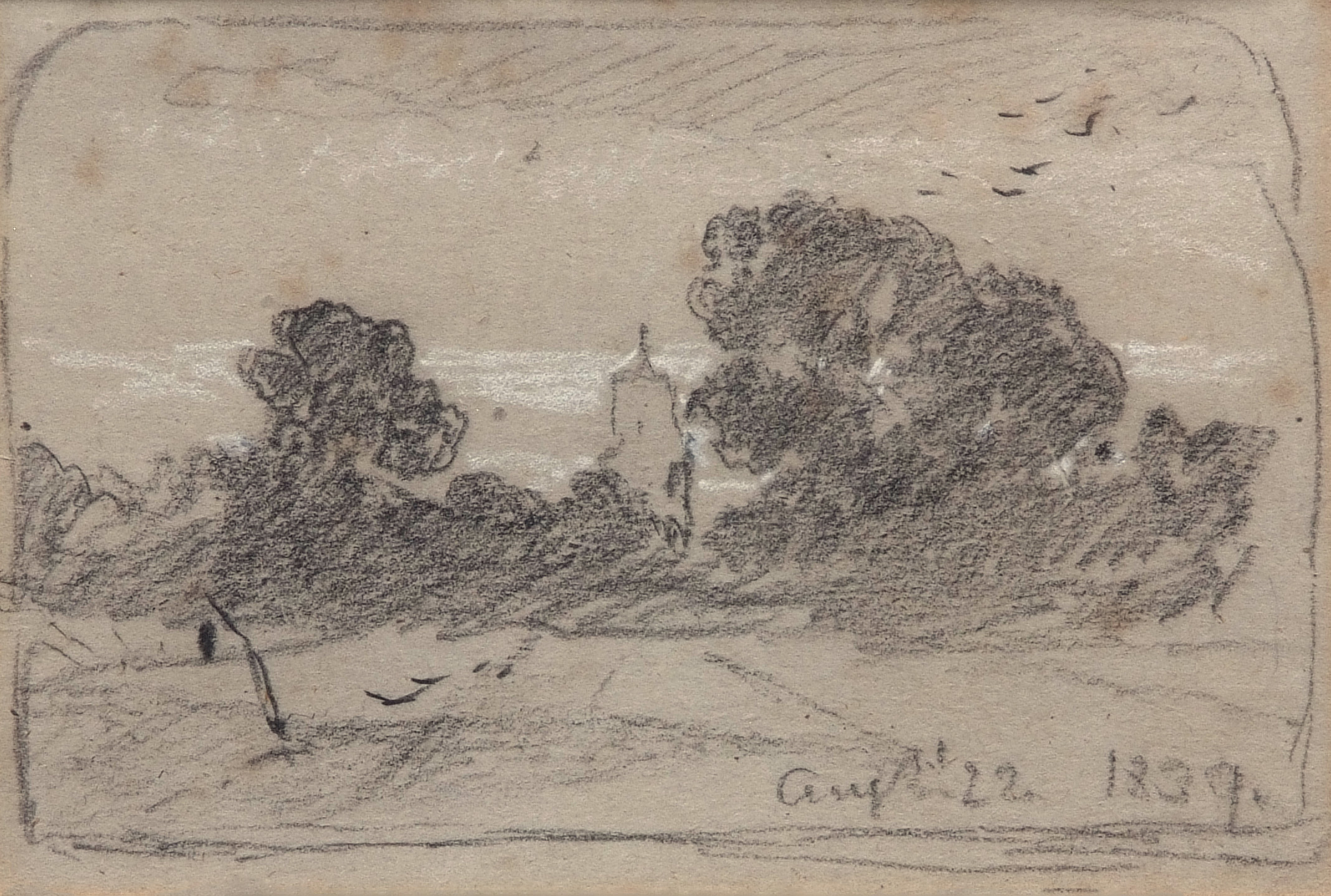 JOHN SELL COTMAN (1782-1842) Landscape with church charcoal drawing, dated August 22 1839 5 x 8ins