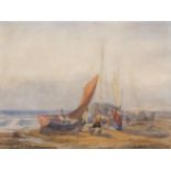 WILLIAM HOWES HUNT (1806-1879) Coastal scene with fisher folk watercolour 12 x 16 1/2 ins