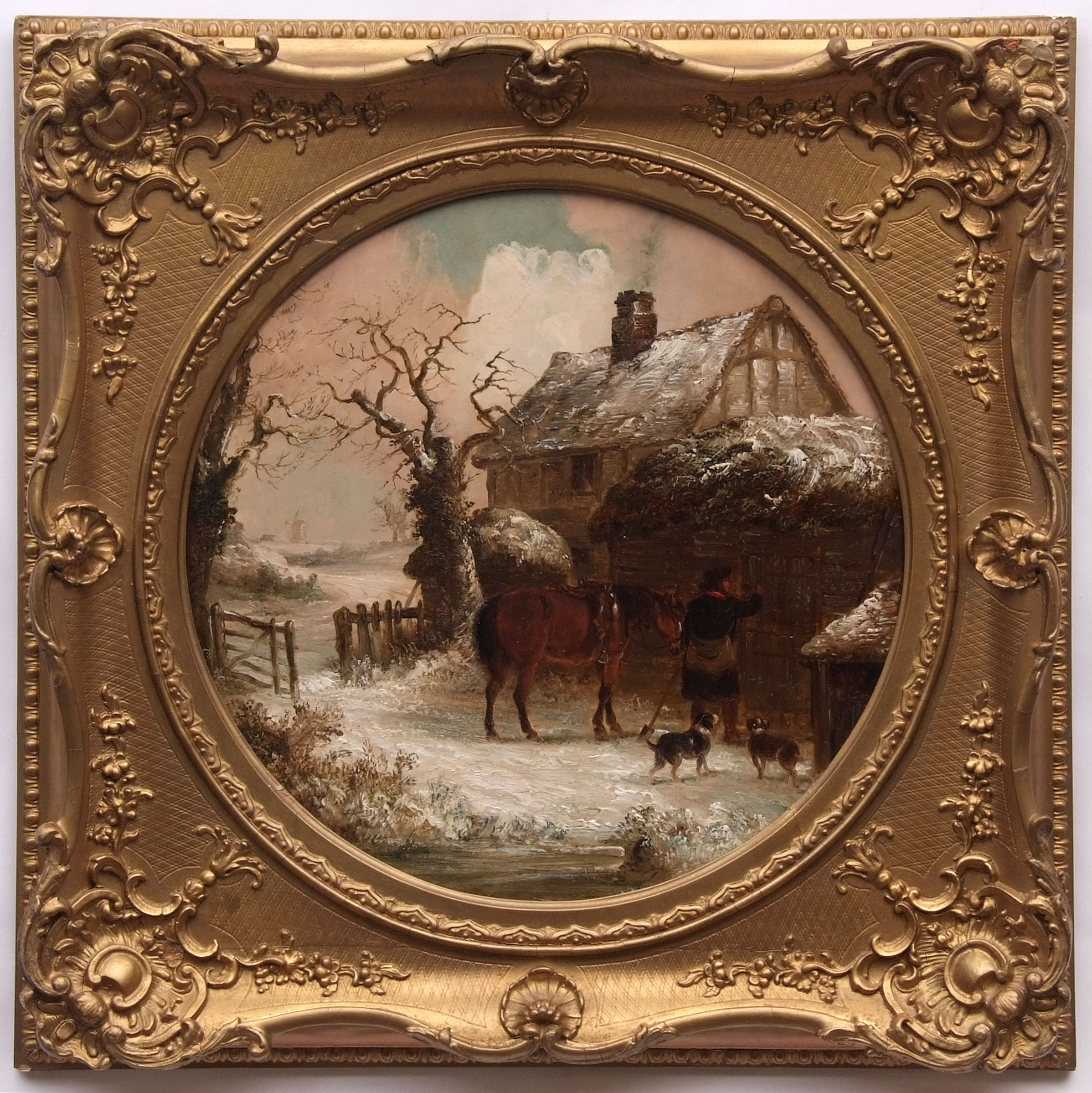 THOMAS SMYTHE (1825-1907) Winter landscapes with figures, horse and dogs by a stable pair of oils on - Image 3 of 3