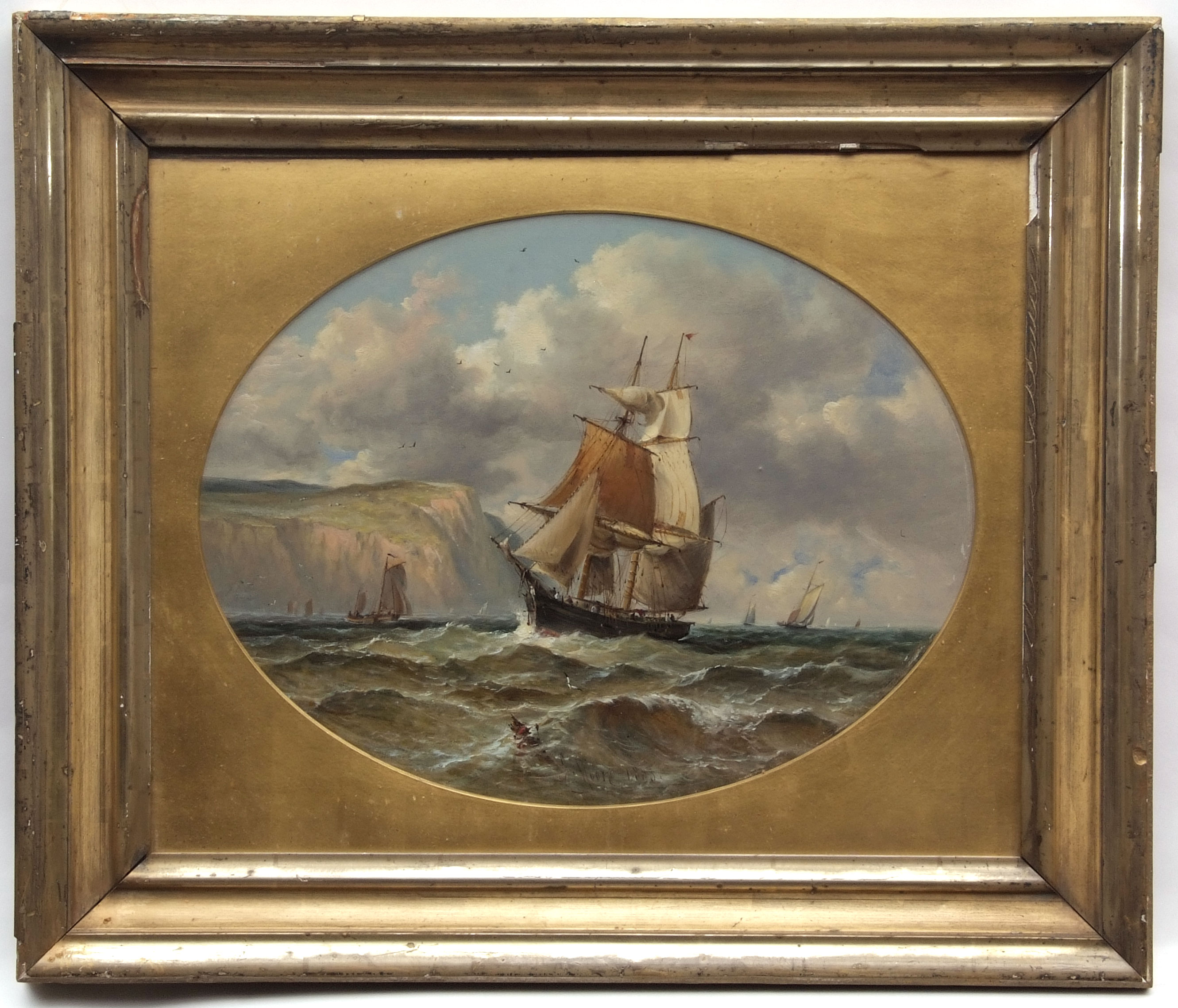 JOHN MOORE OF IPSWICH (1820-1902) Sailing boats off the cliffs oil on board, signed and dated 1883 - Image 2 of 2