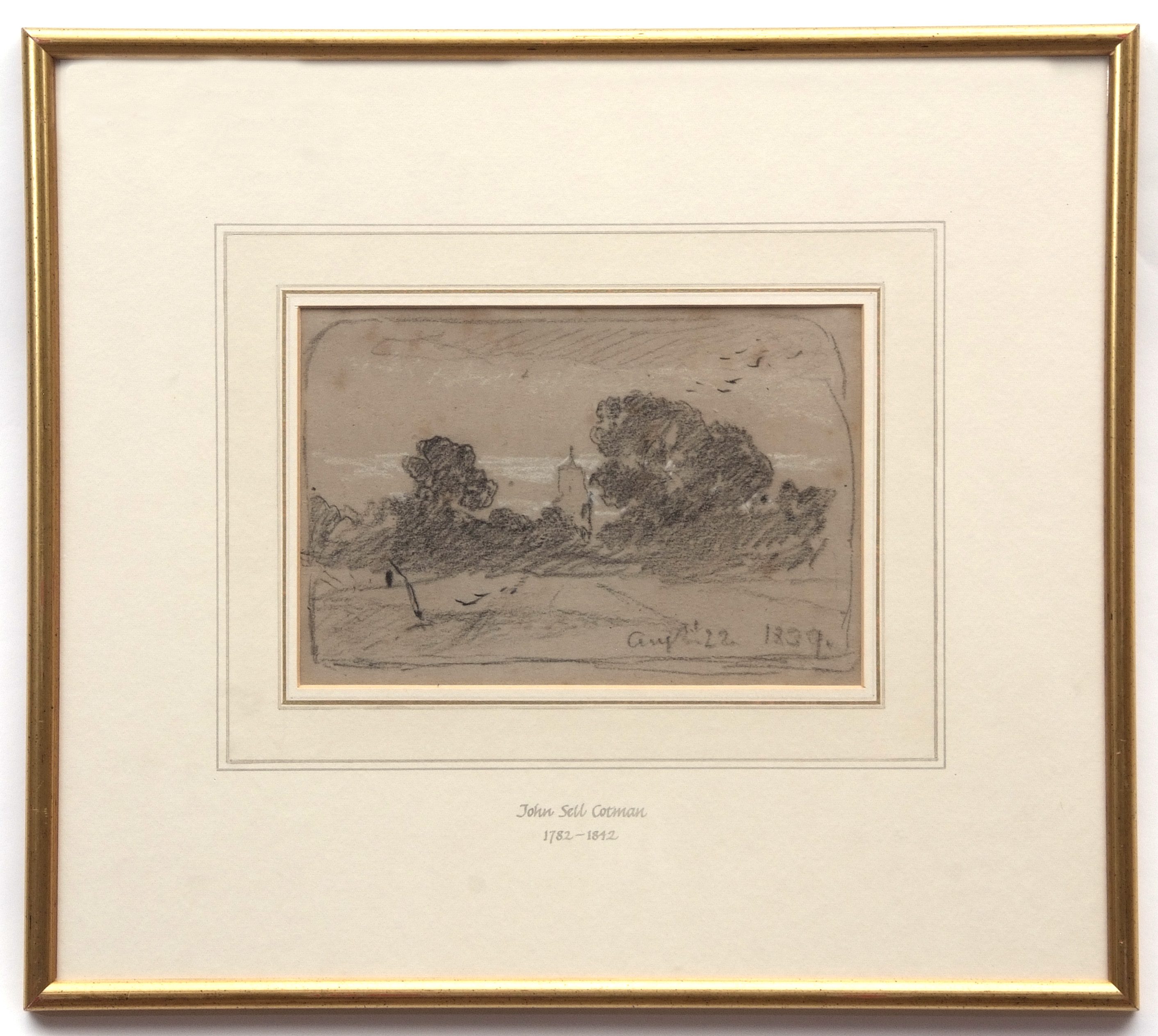 JOHN SELL COTMAN (1782-1842) Landscape with church charcoal drawing, dated August 22 1839 5 x 8ins - Image 2 of 2