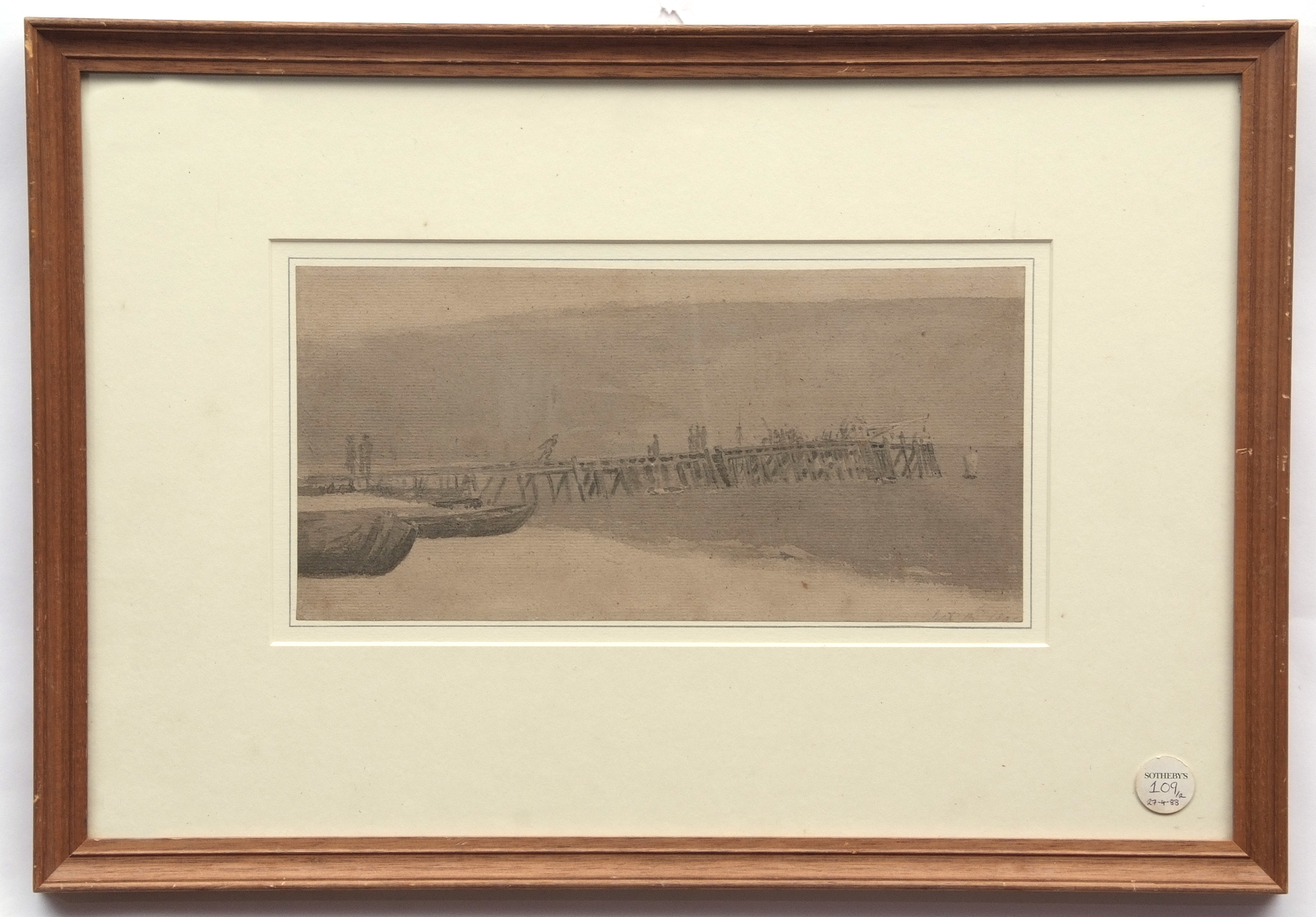 ATTRIBUTED TO JOHN CROME (1768-1821) Building the jetty, Great Yarmouth wash drawing, indistinctly - Image 2 of 2