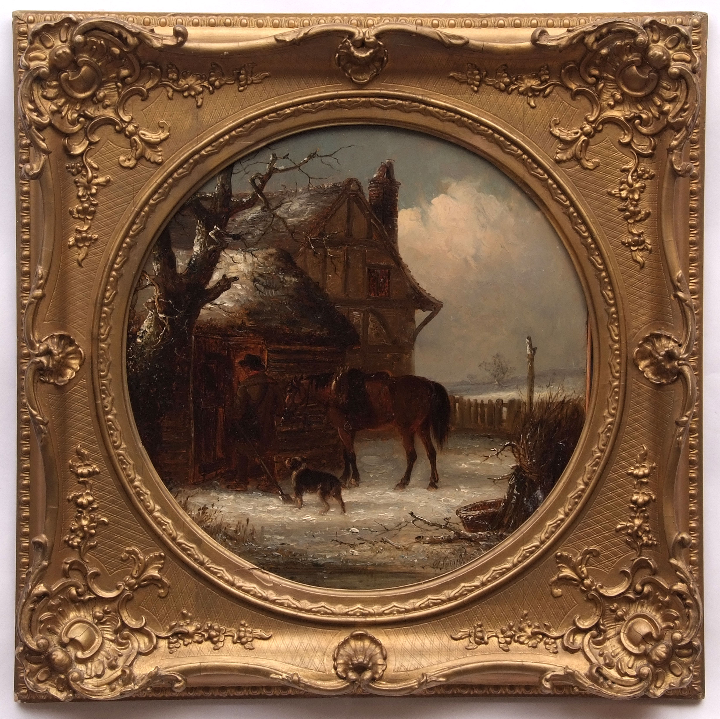 THOMAS SMYTHE (1825-1907) Winter landscapes with figures, horse and dogs by a stable pair of oils on - Image 2 of 3