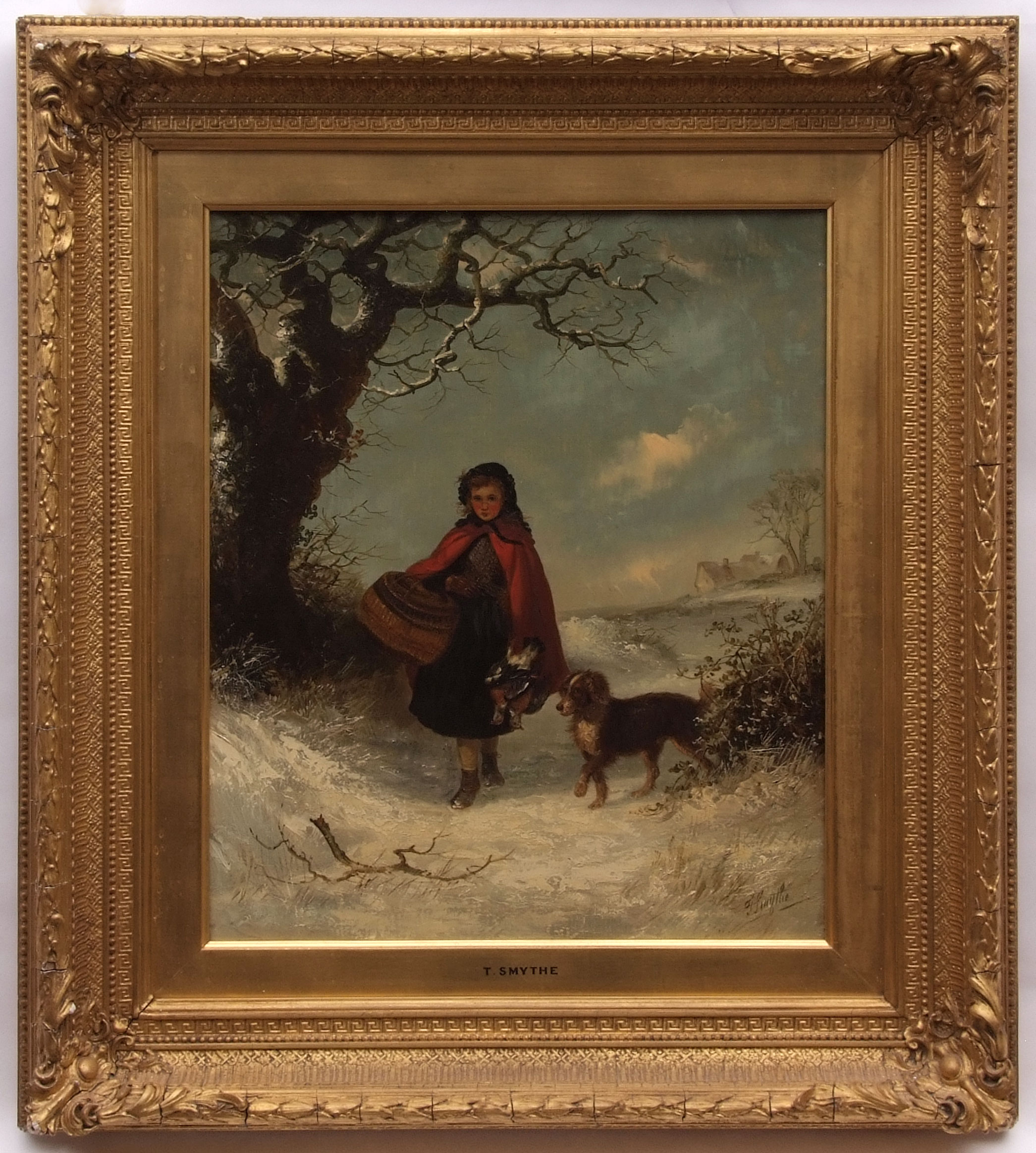 THOMAS SMYTHE (1825-1907) Winter landscape with young girl wearing red cloak carrying basket and