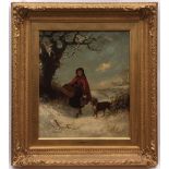 THOMAS SMYTHE (1825-1907) Winter landscape with young girl wearing red cloak carrying basket and