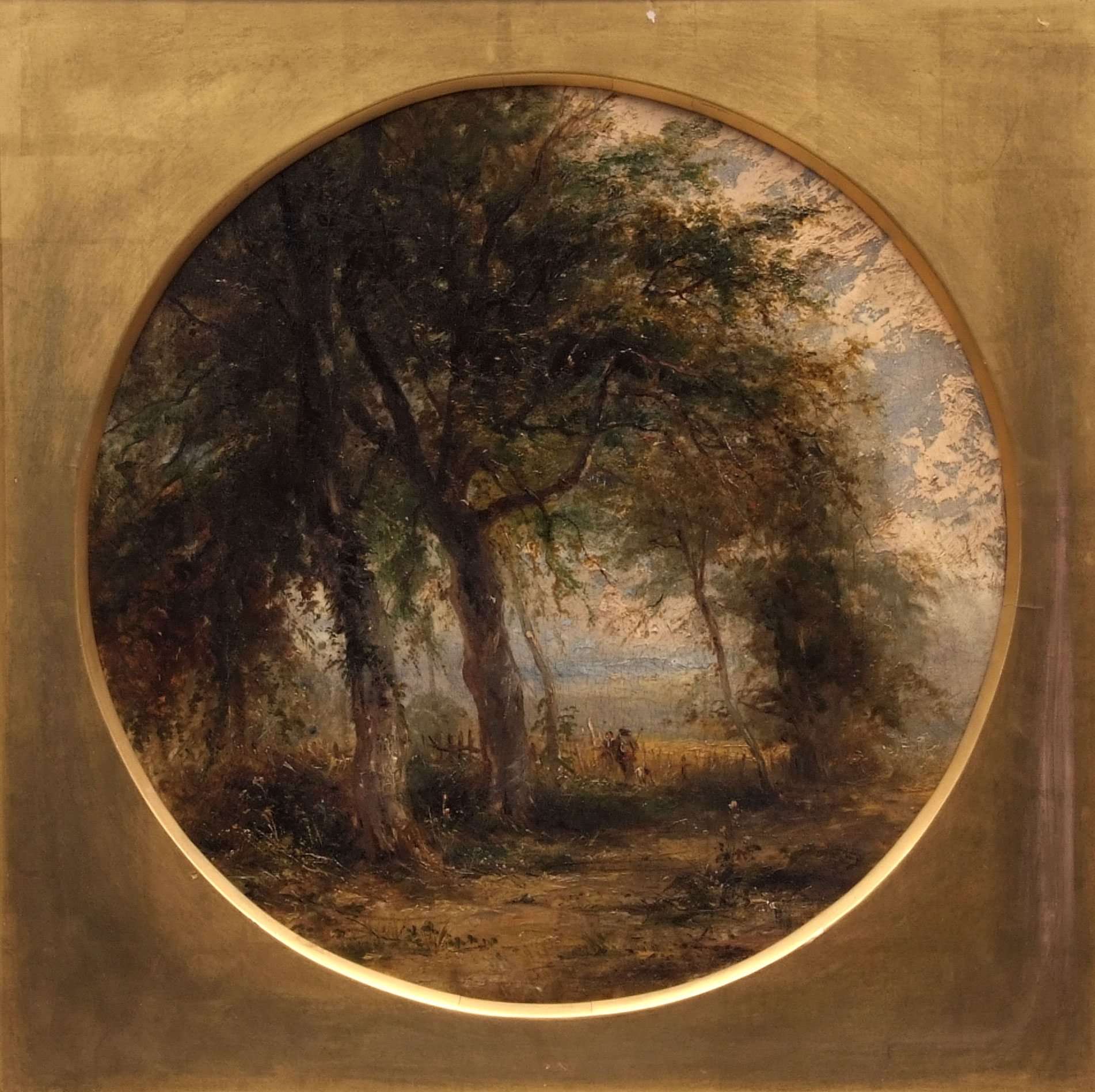 ATTRIBUTED TO ROBERT BURROWS (1810-1883) Wooded landscape with figures oil on canvas 18ins diameter