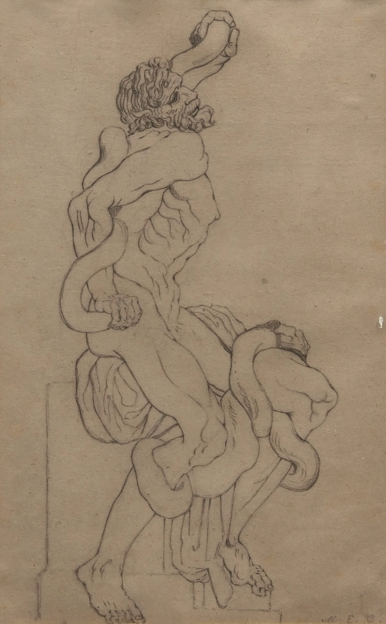 MILES EDMUND COTMAN (1810-1858) Man wrestling with serpent double sided pencil drawing, initialled