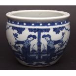 Small Chinese blue and white porcelain jardinihre painted with maidens and children at leisure in