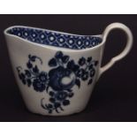 Worcester jug of raked scuttle shape, printed in dark blue with floral sprays, circa 1780,