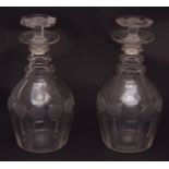 Pair of 19th century mallet shaped decanters with mushroom stopper and triple knopped stems, faceted