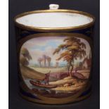 Derby coffee can, painted with an oval landscape of a river scene in Scotland, reserved on a blue