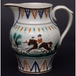 Pratt ware sporting jug decorated in typical fashion with sporting and hunting scenes, 6ins high