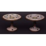 Pair of Chinese cloisonni enamelled tazza with formal floral sprays, set against a dense scrolling