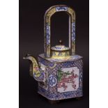 Large Chinese Canton enamel tea or wine pot, decorated with floral and insect panels, set against