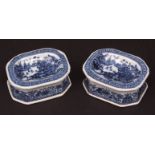 Pair of Chinese blue and white porcelain table salts decorated with landscapes and floral borders, 3