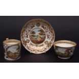 Derby teacup, coffee cup and saucer with wishbone handles, painted with titled landscapes Near