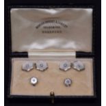 Art Deco precious metal mother of pearl and diamond cuff-link and stud set, hexagonal shape, each