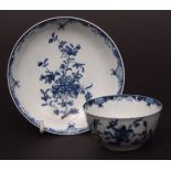 Worcester teabowl and saucer, printed in blue with the Mansfield pattern, workman s marks, circa