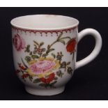 Bow coffee cup, circa 1760, painted in colours with peony and other flowers, red line and dot