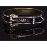 Mid-20th century precious metal and enamel and diamond hinged bracelet, having a cobalt blue