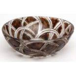 Lalique pinsons bowl, stained brown with etched detail, decorated with birds amidst brambles, etched