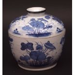 Large Chinese blue and white porcelain bowl and cover decorated with aquatic plants, the handle with