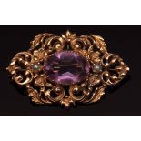 Mid-20th century 9ct gold amethyst and seed pearl brooch, the centre set with an oval cut