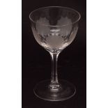 Set of 12 English wine glasses, all with frosted fan shaped panels to the bowls on faceted stems